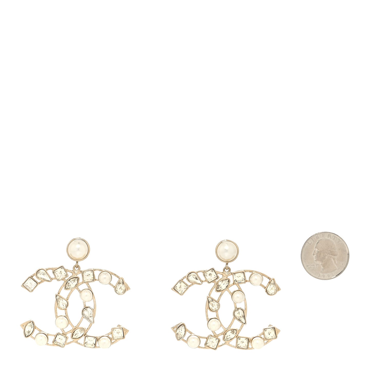 Metal Glass Pearl CC Crystal Snowfall CC Drop Earrings Light Gold