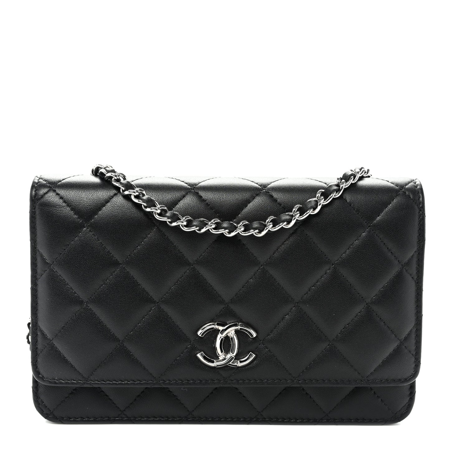 Lambskin Quilted Enamel CC Wallet on Chain WOC Black