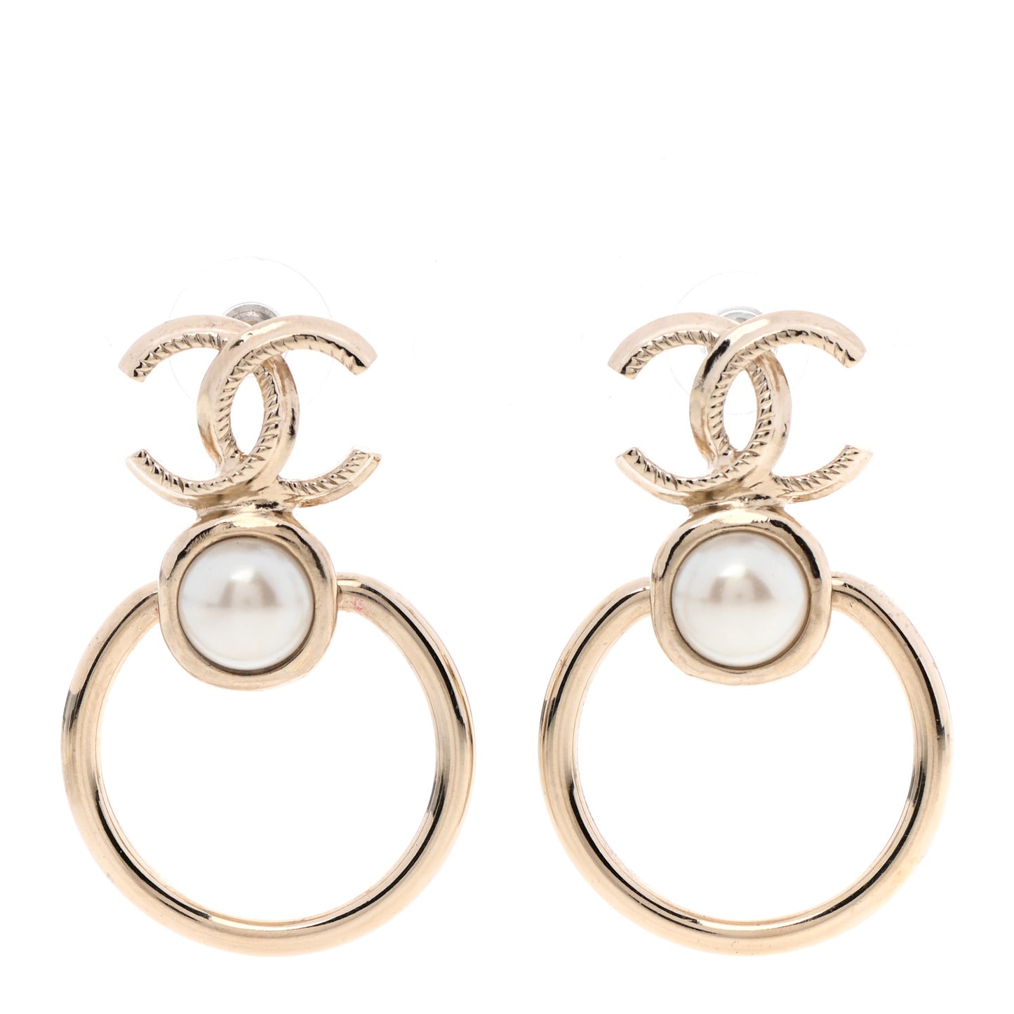 Metal Pearl CC Hoop Drop Earrings Gold
