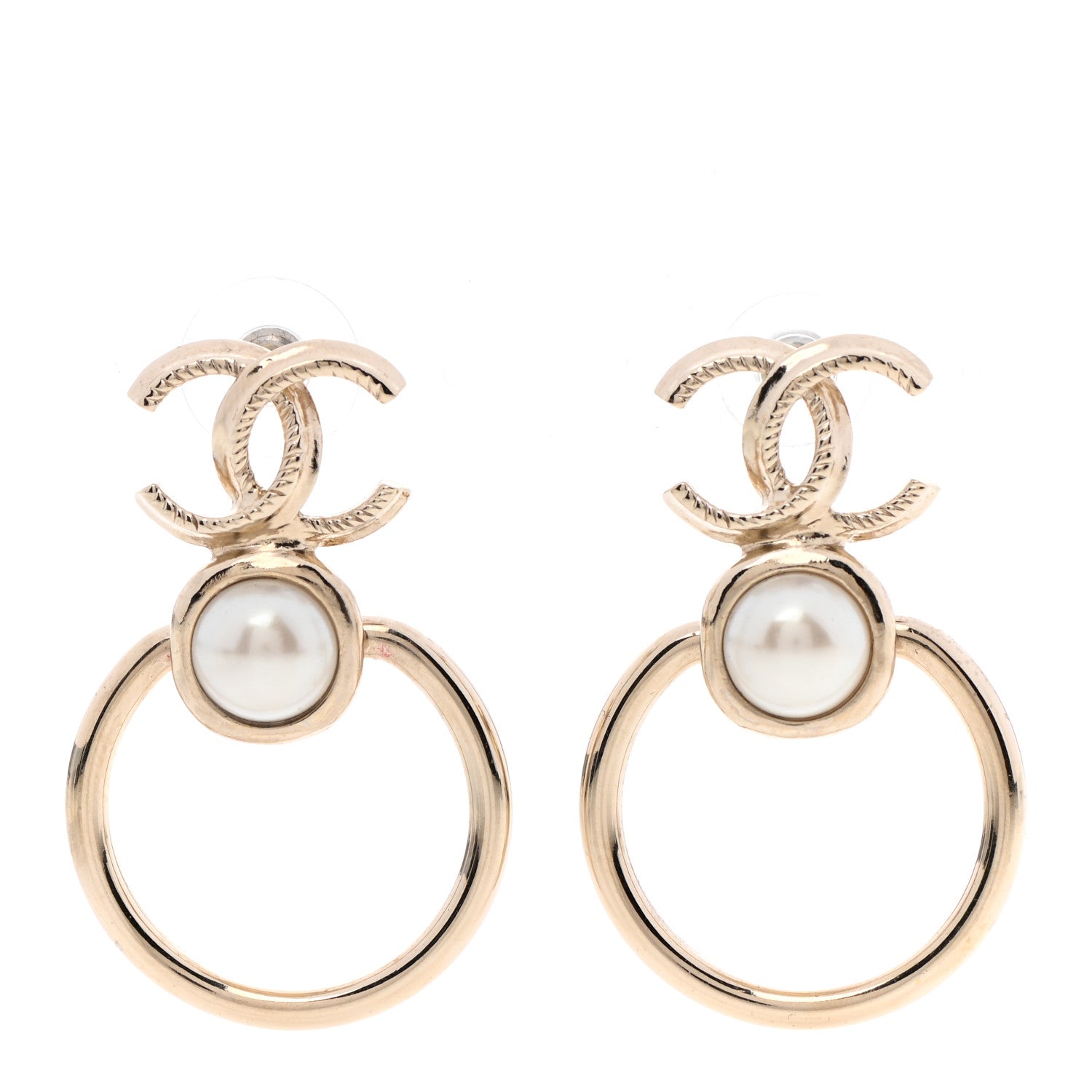 Chanel Metal Pearl CC Hoop Drop Earrings Gold 1 of 4