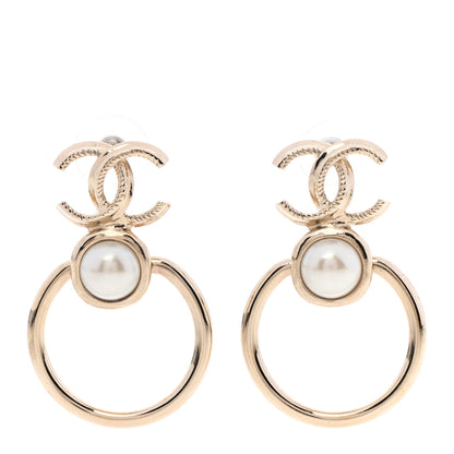 Chanel Metal Pearl CC Hoop Drop Earrings Gold 1 of 4