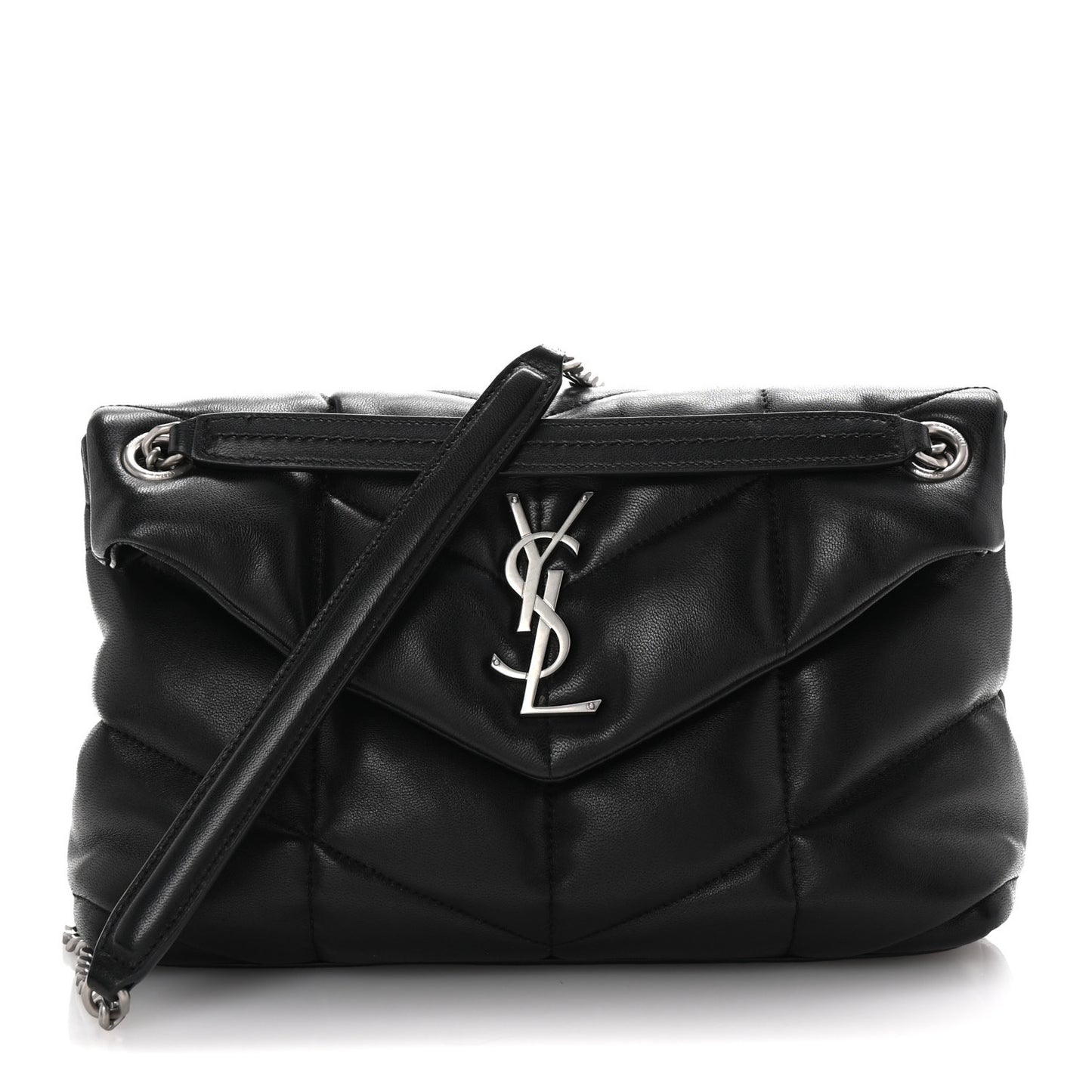 Lambskin Quilted Small Loulou Puffer Monogram Chain Satchel Black