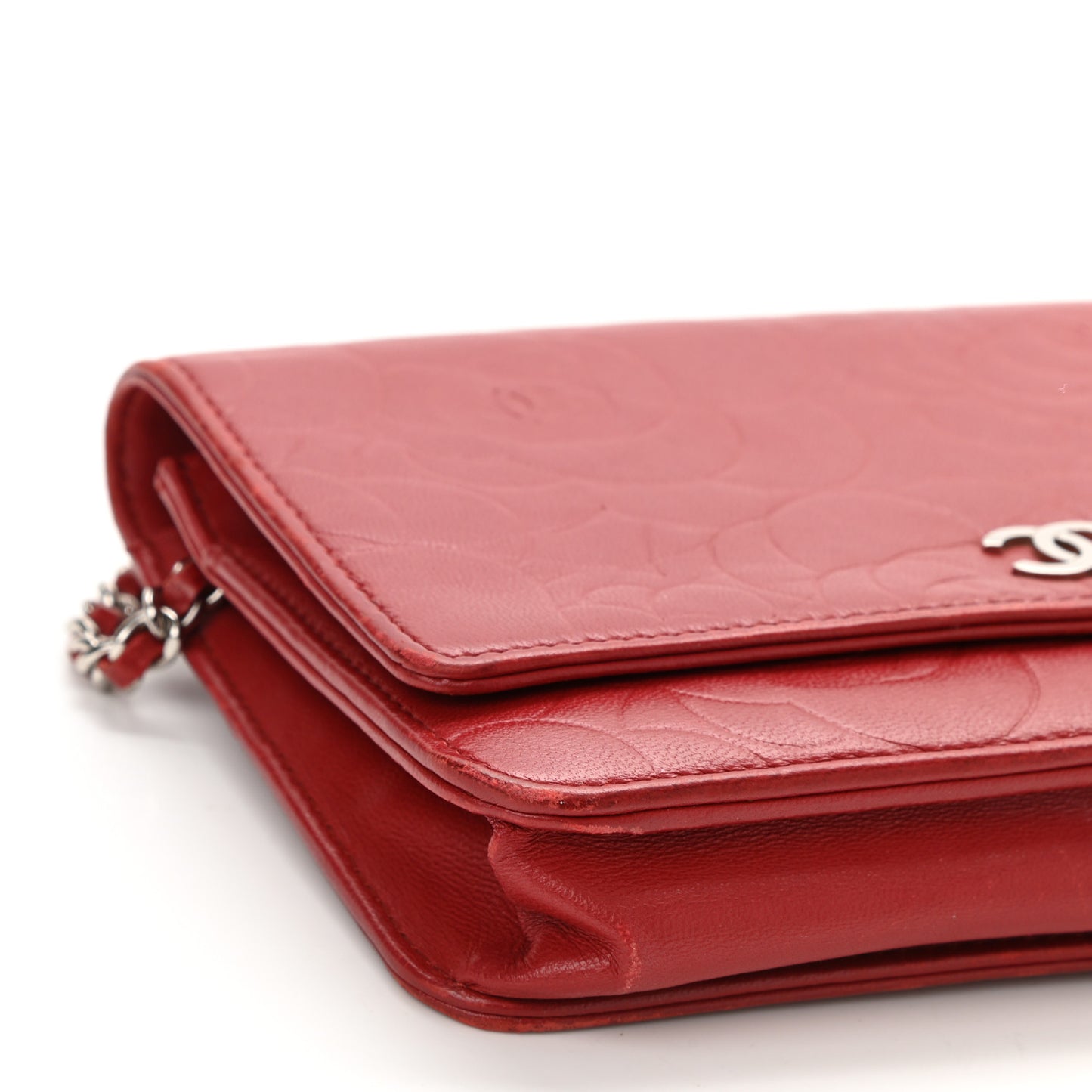 Lambskin Camellia Embossed Wallet On Chain WOC Red