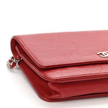 Chanel Lambskin Camellia Embossed Wallet On Chain WOC Red 10 of 13