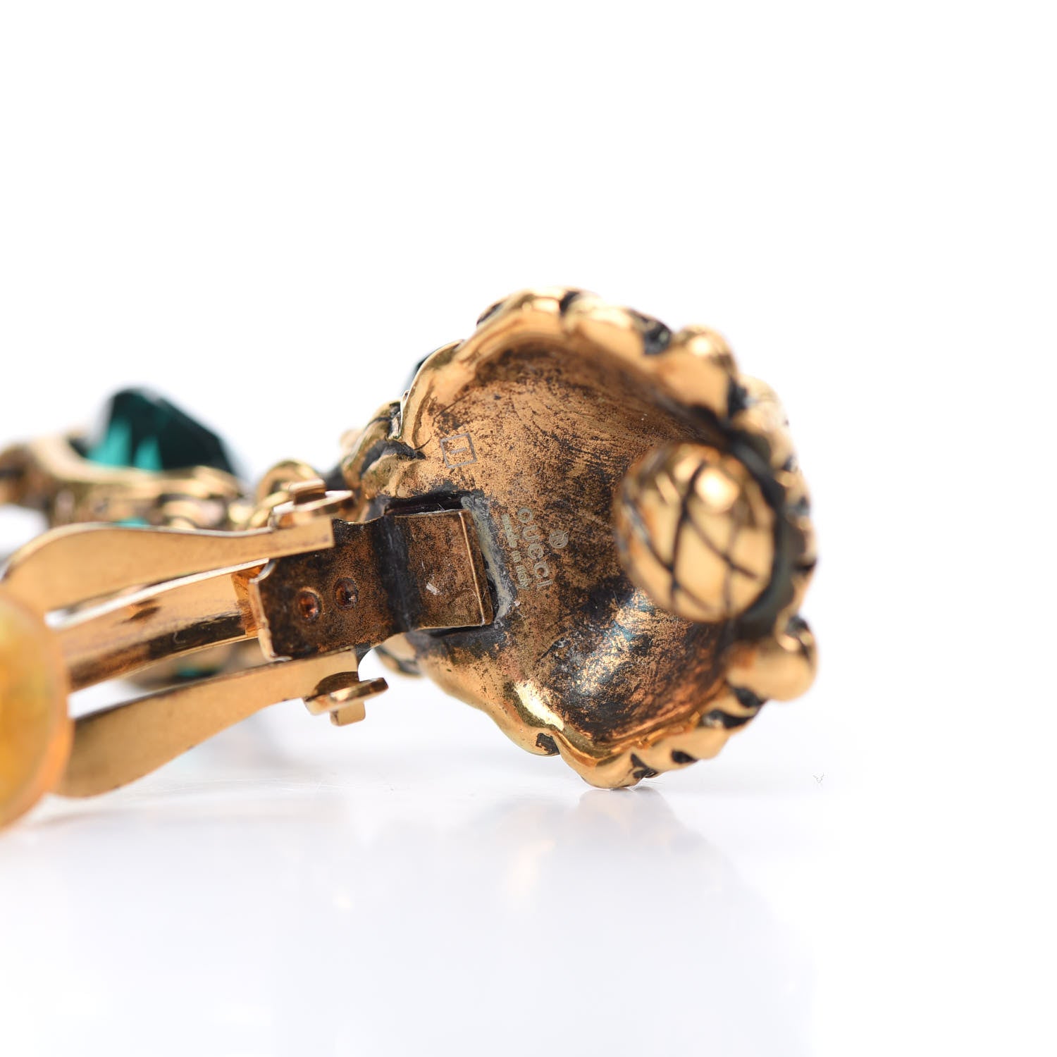 Gucci Crystal Metal Lionhead Drop Earrings Emerald Aged Gold 4 of 4