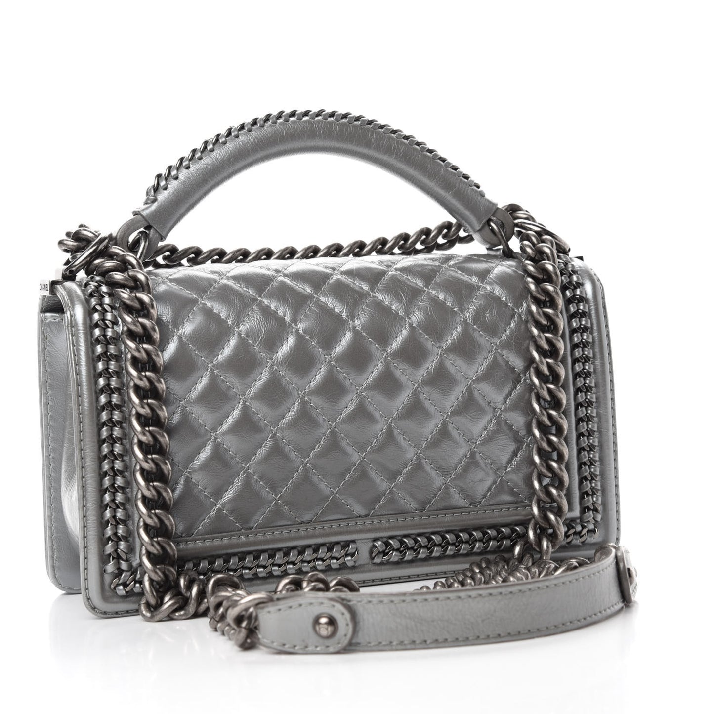 Metallic Aged Calfskin Quilted Medium Top Handle Boy Flap Silver