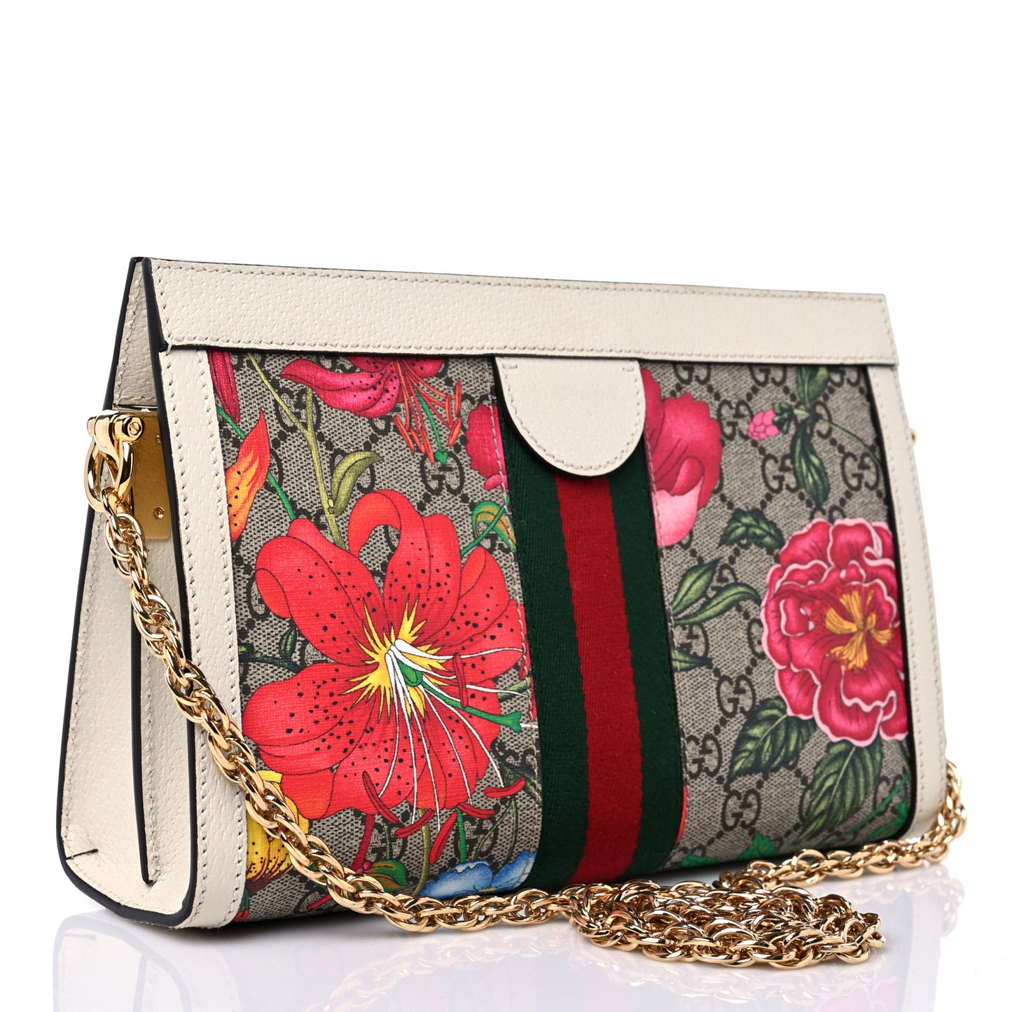 GG Supreme Monogram Flora Web Small Ophidia Chain Shoulder Bag White