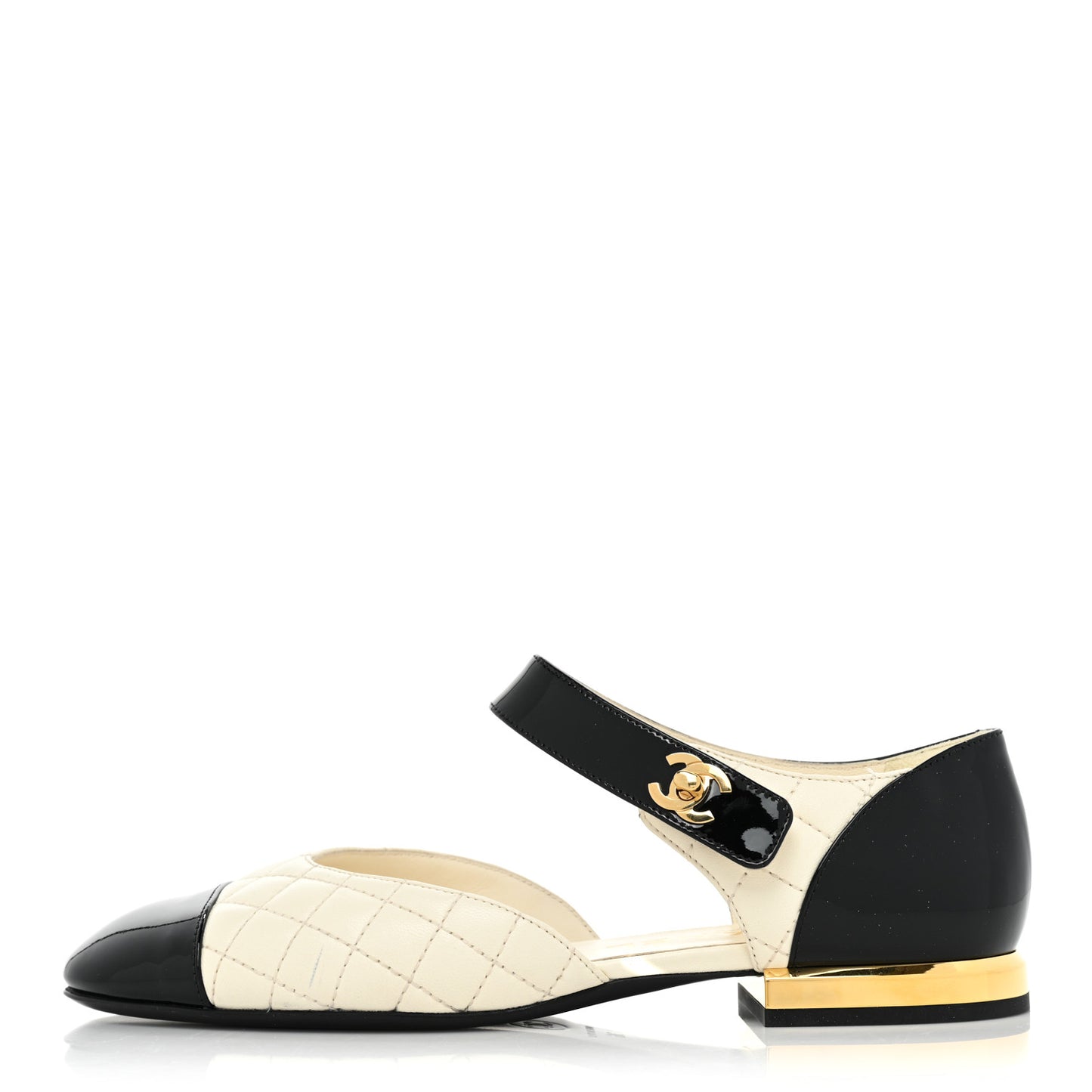Patent Lambskin Quilted Cap Toe Ballerina Flats 36 Ivory Black