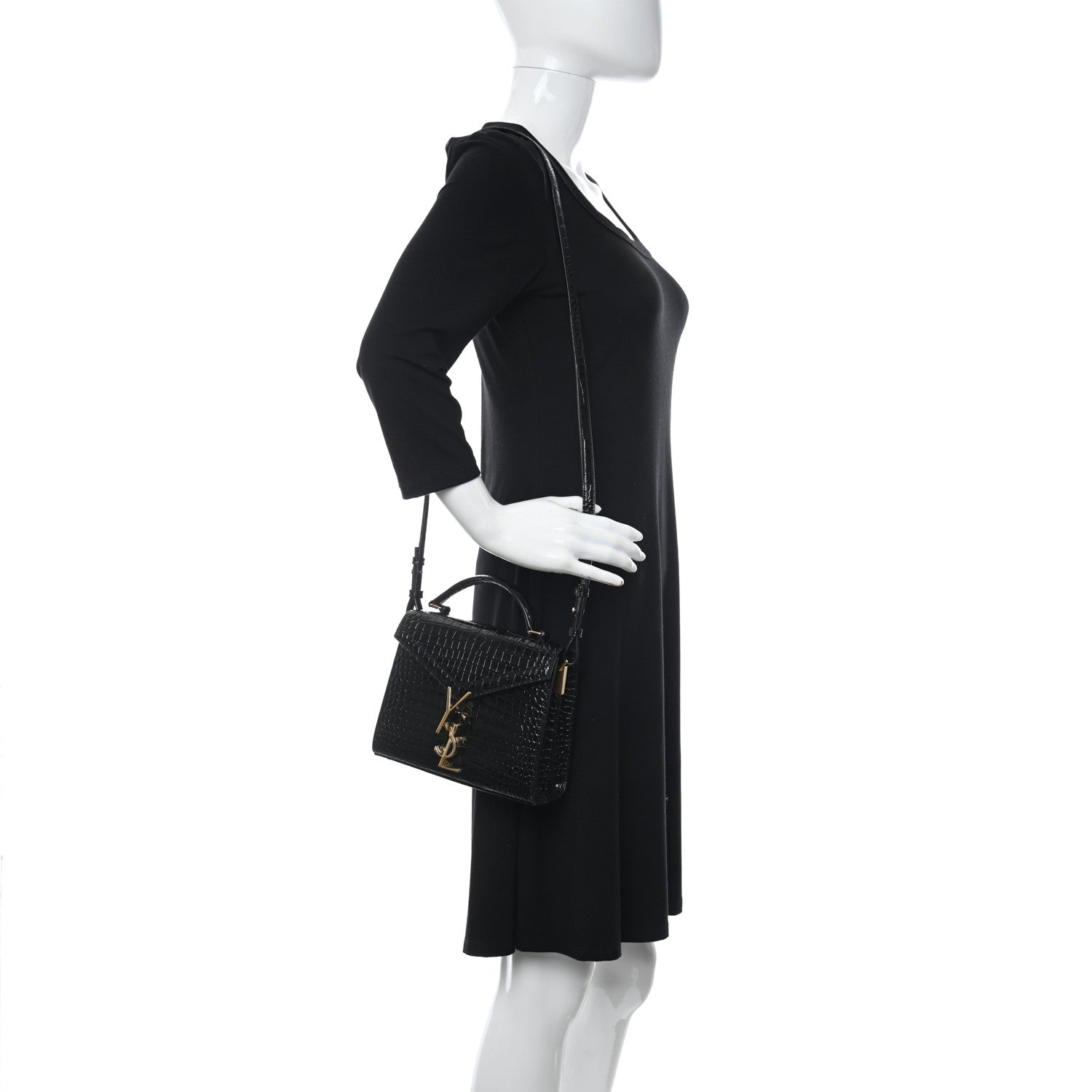 Saint Laurent Calfskin Crocodile Embossed Mini Classic Monogram Cassandra Top Handle Black 2 of 11