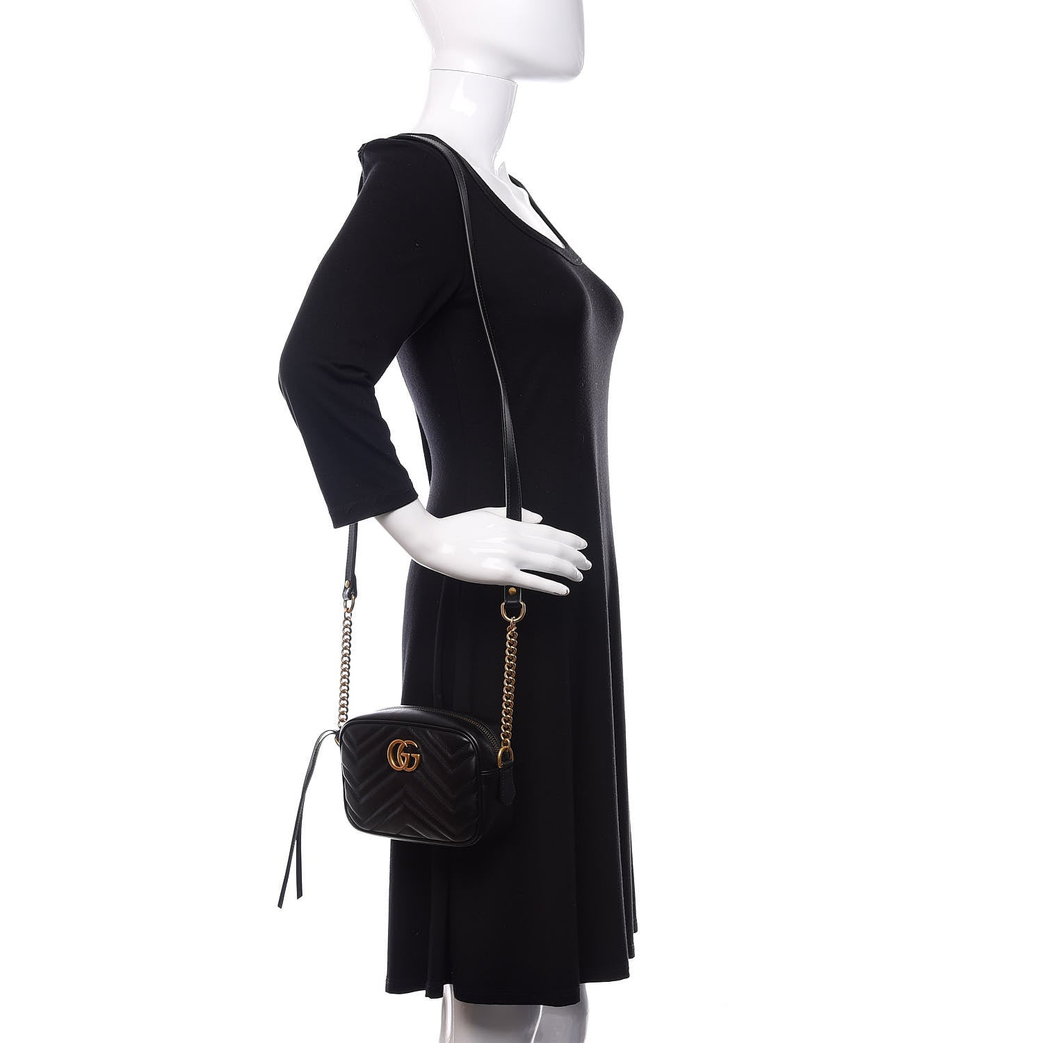 Gucci Calfskin Matelasse Mini GG Marmont Chain Shoulder Bag Black 2 of 12
