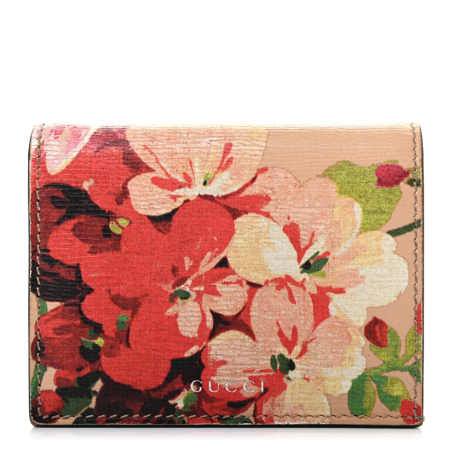 Shangai Calfskin Blooms Print Card Case Wallet Pink Apricot Multicolor