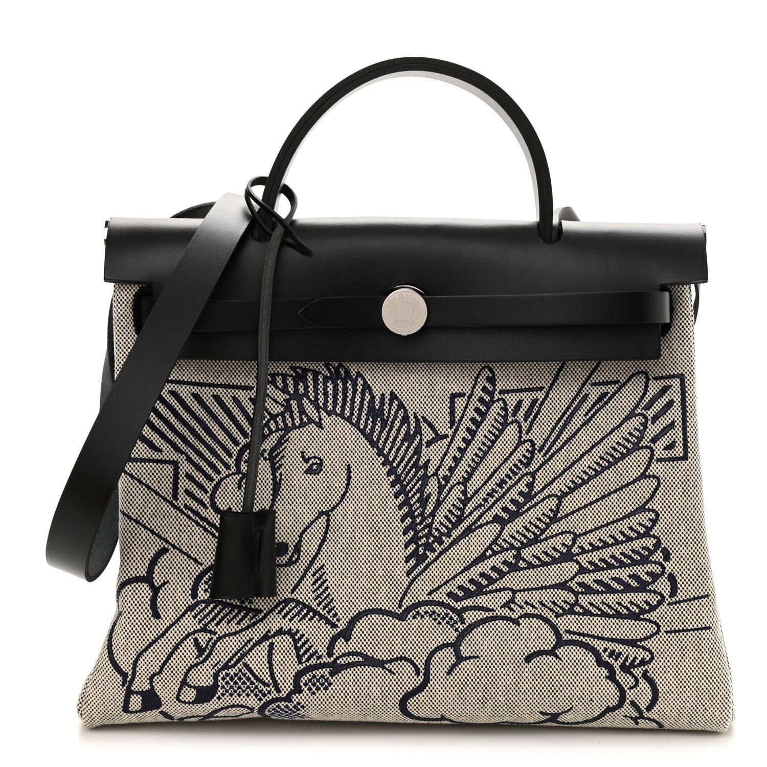 Hermes Vache Hunter Toile H Pegase Pop Herbag Zip Retourne 31 PM Bleu Indigo Ecru Black 3 of 11