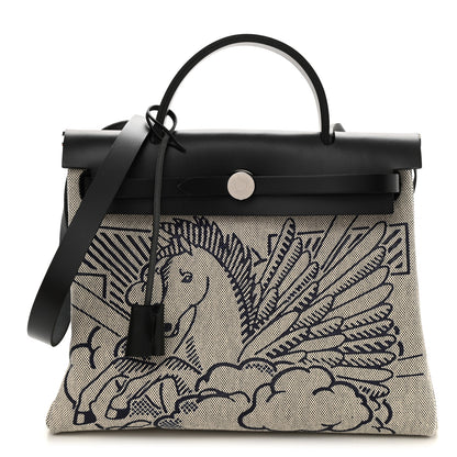 Hermes Vache Hunter Toile H Pegase Pop Herbag Zip Retourne 31 PM Bleu Indigo Ecru Black 3 of 11