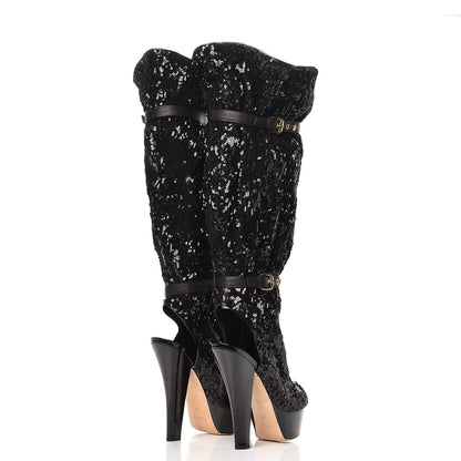 Louis Vuitton Sequin Peep Toe Tall Boots 38.5 Black 4 of 9