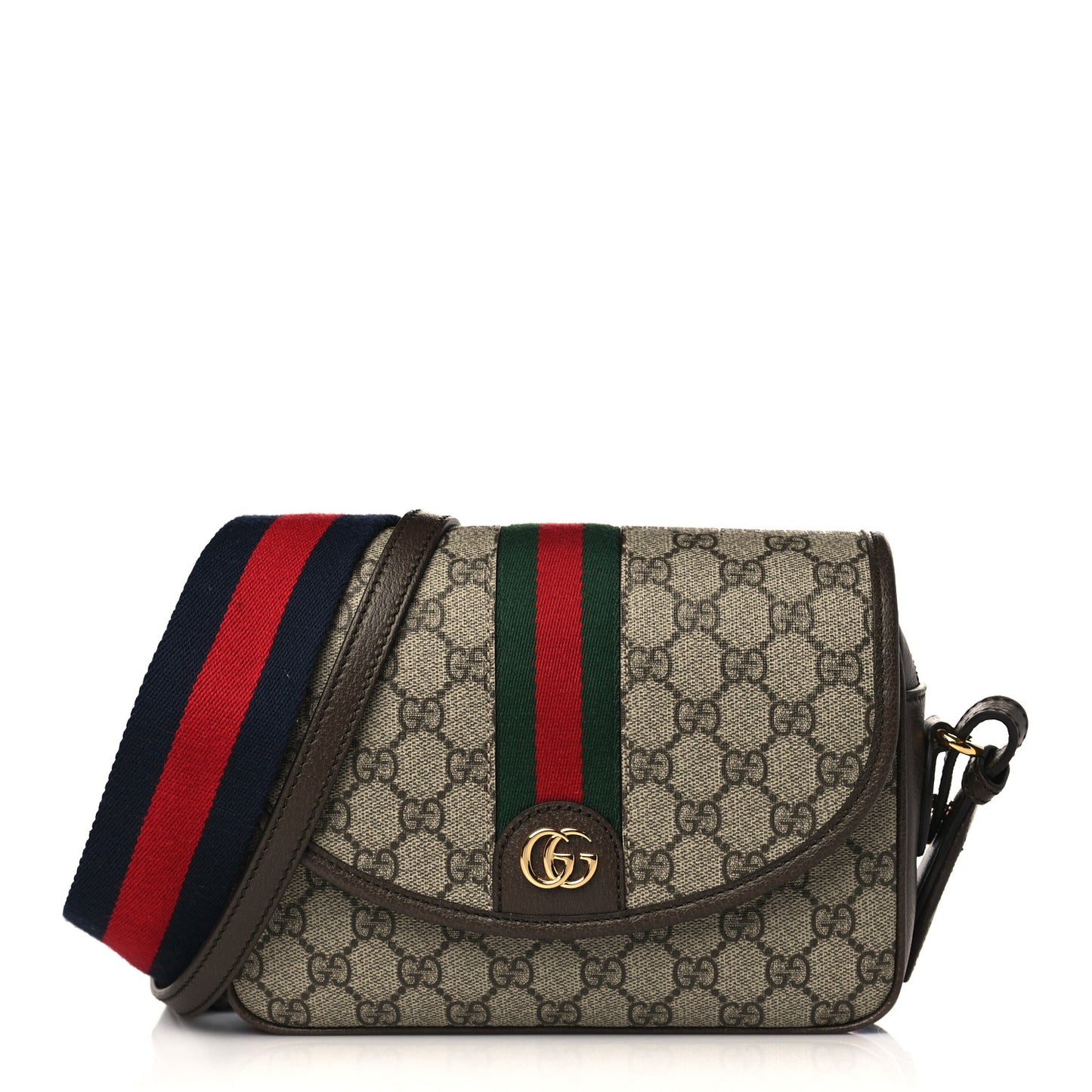 GG Supreme Monogram Textured Dollar Calfskin Web Studded Mini Ophidia Flap Shoulder Bag Beige Ebony New Acero