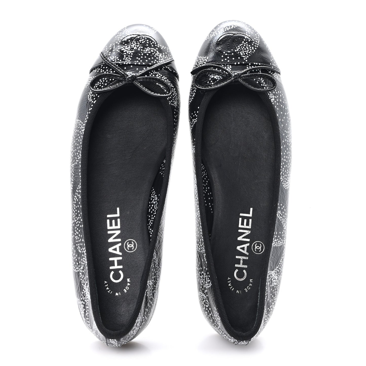 Calfskin Camellia Printed Cap Toe Ballerina Flats 36.5 Black White