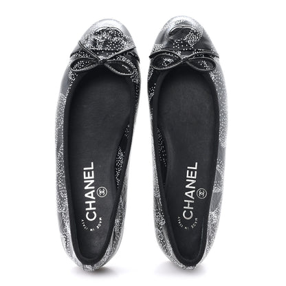 Chanel Calfskin Camellia Printed Cap Toe Ballerina Flats 36.5 Black White 2 of 10