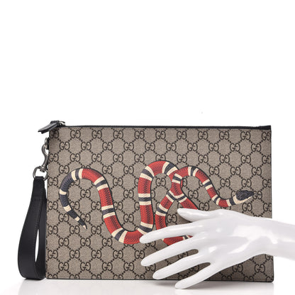 Gucci GG Supreme Monogram Kingsnake Zip Wristlet Pouch Beige Black 2 of 8