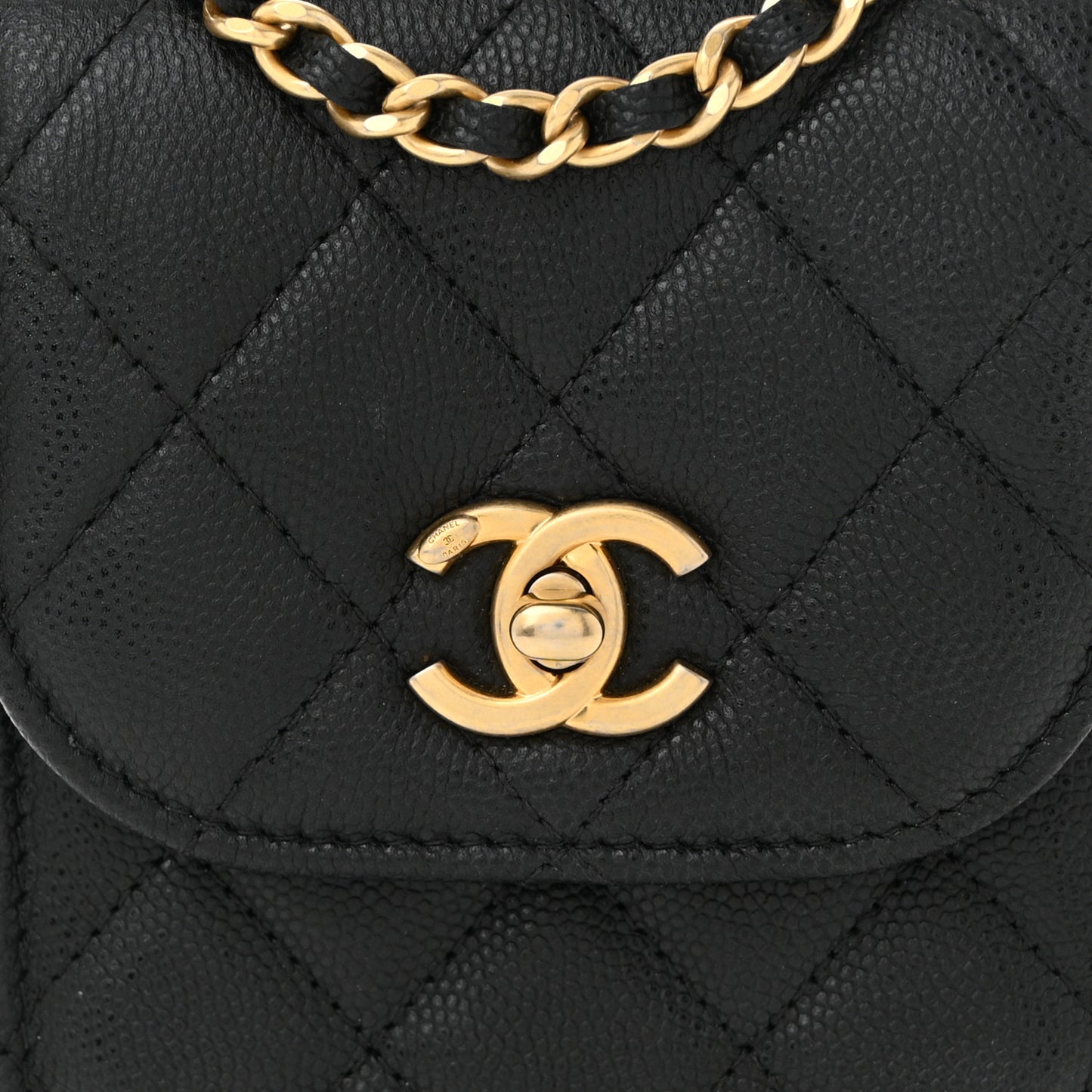 Caviar Quilted Chain Handle Round Phone Holder Black