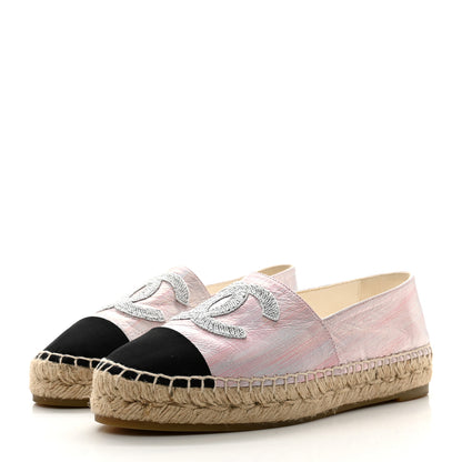 Chanel Laminated Lambskin Grosgrain Embroidered CC Espadrilles 38 Pink Silver Black 3 of 9