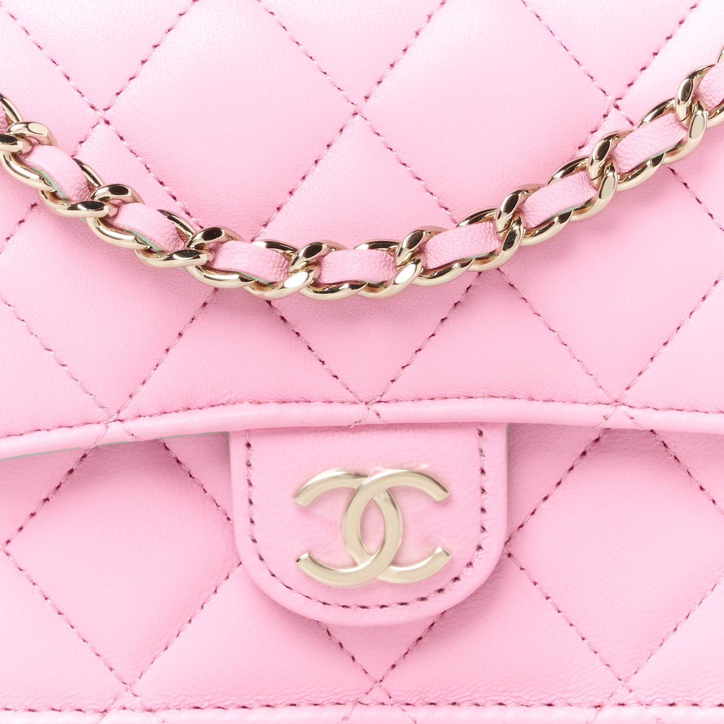 Lambskin Quilted Flap Phone Holder With Chain Pink Green