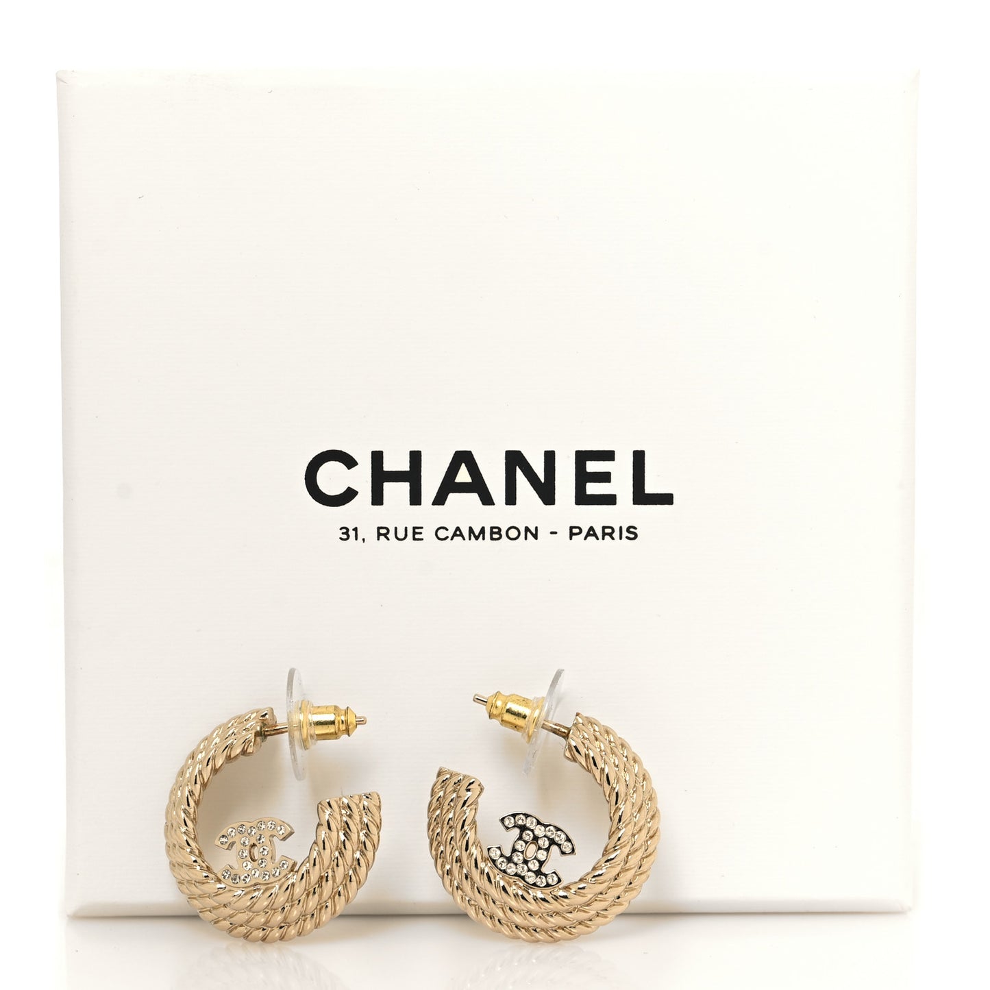 Metal Crystal CC Rope Hoop Earrings Gold