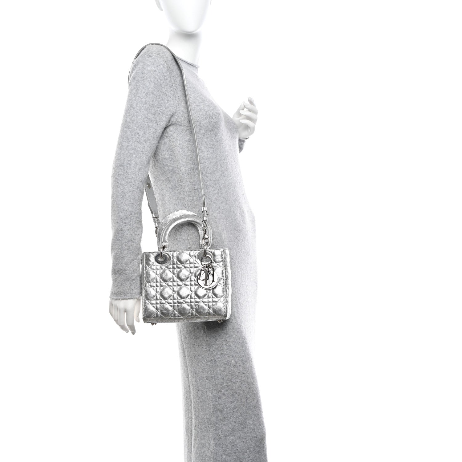 Christian Dior Metallic Grained Calfskin Cannage Small Lucky Badges My Lady Dior Silver 2 of 12