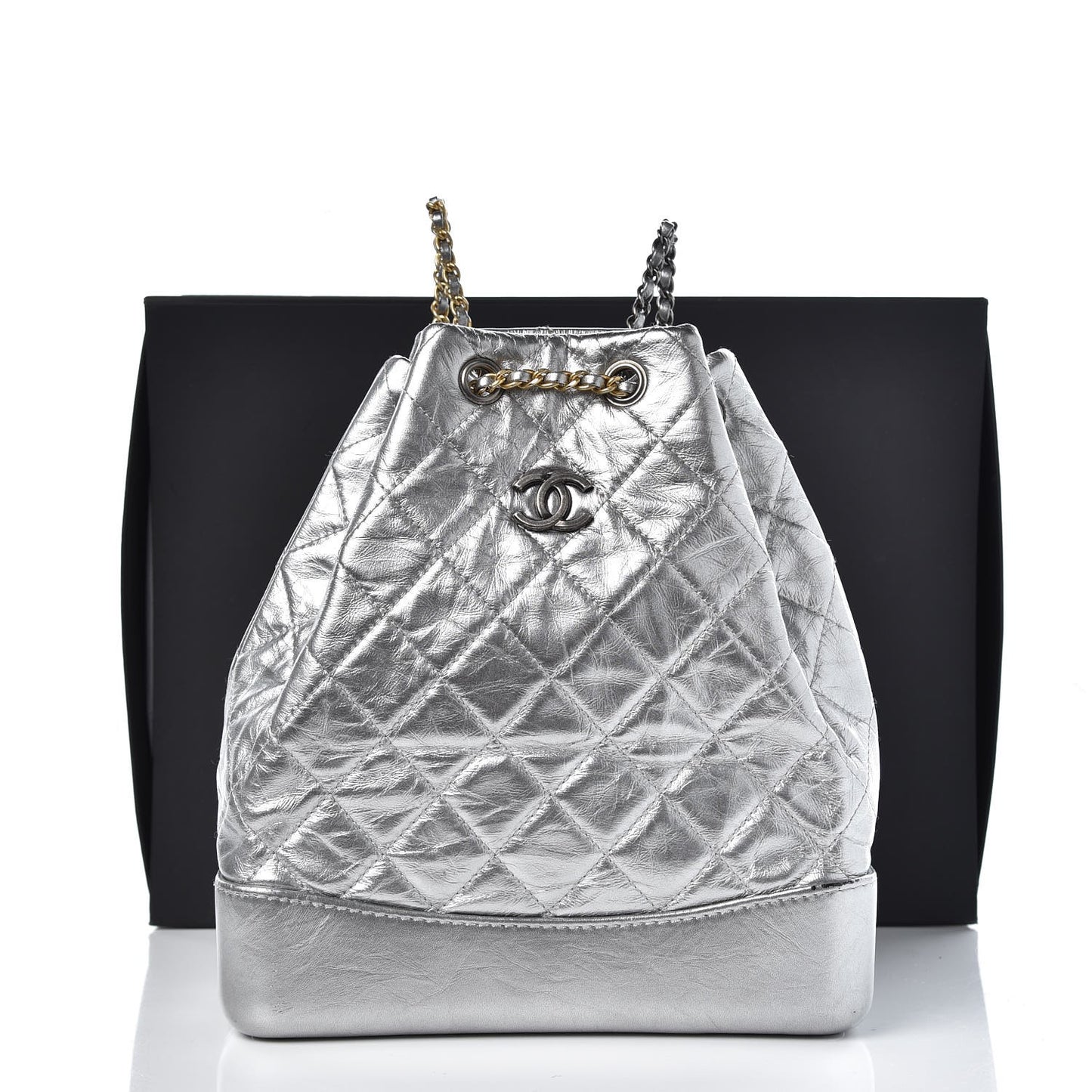 Metallic Crumpled Calfskin Quilted Gabrielle Backpack Silver