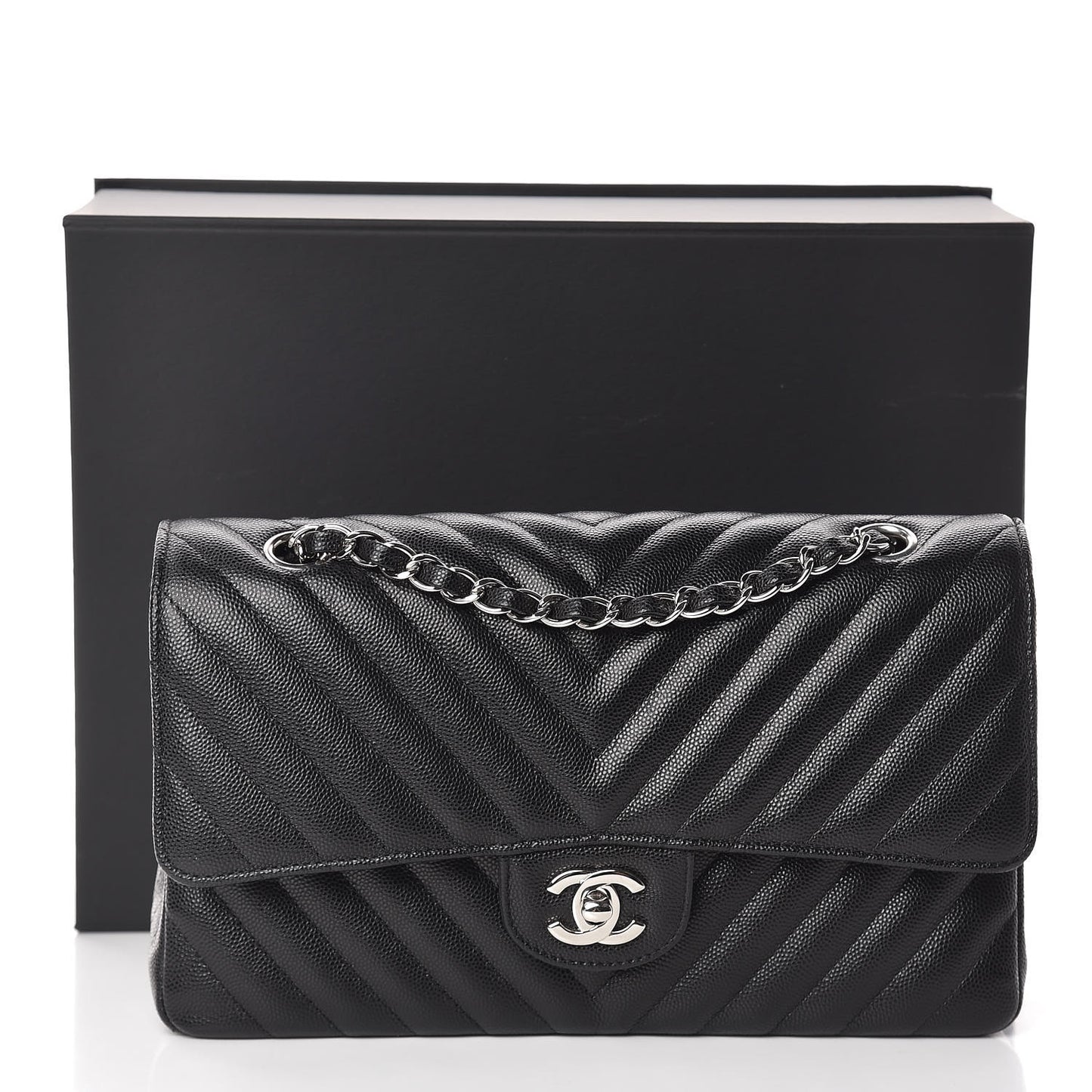 Caviar Chevron Quilted Medium Double Flap Black