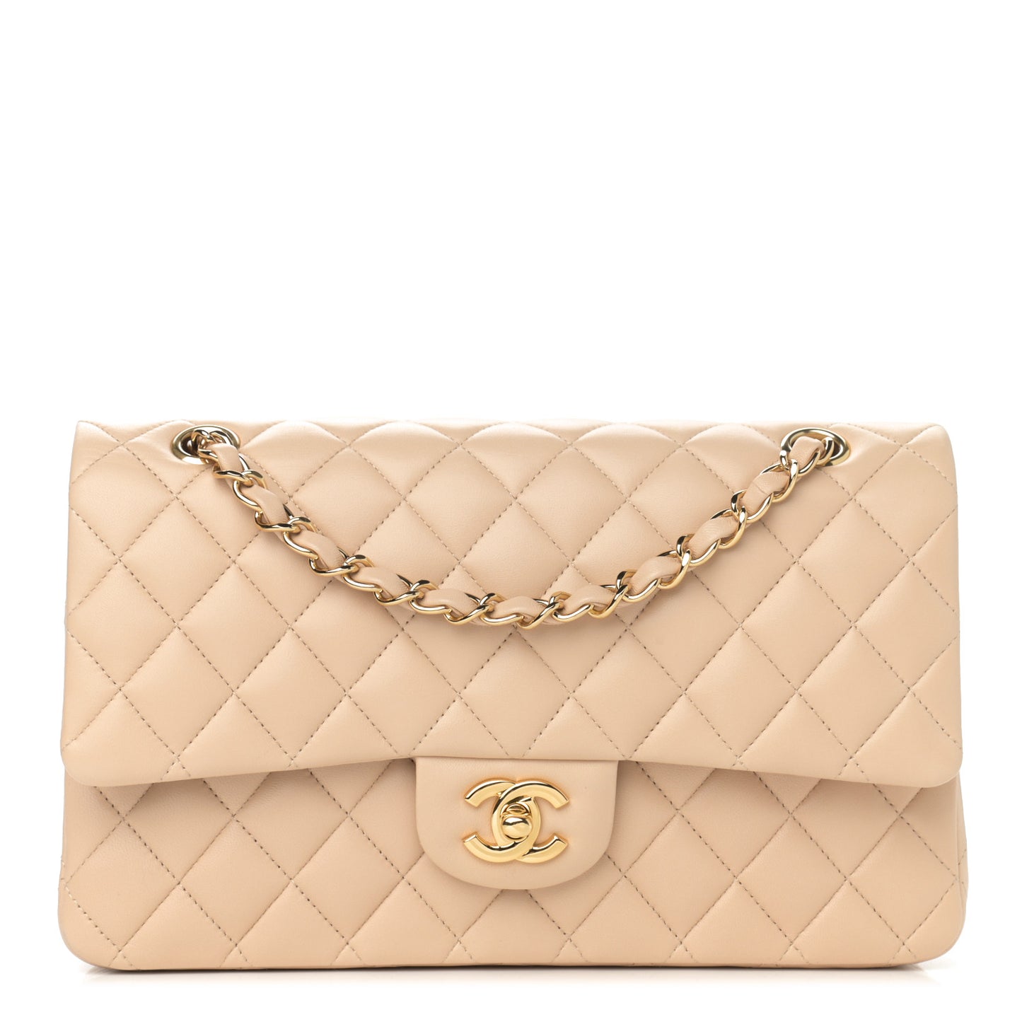 Lambskin Quilted Medium Double Flap Beige