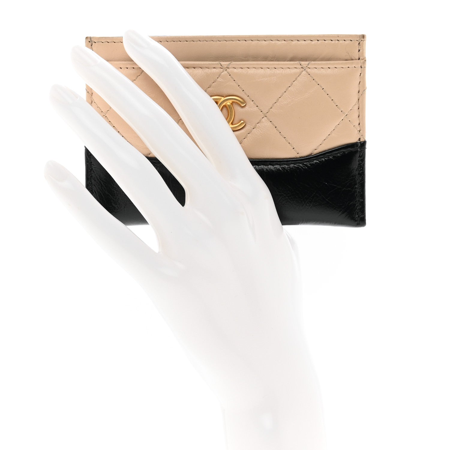 Chanel Aged Calfskin Quilted Gabrielle Card Holder Wallet Beige Black 2 of 11
