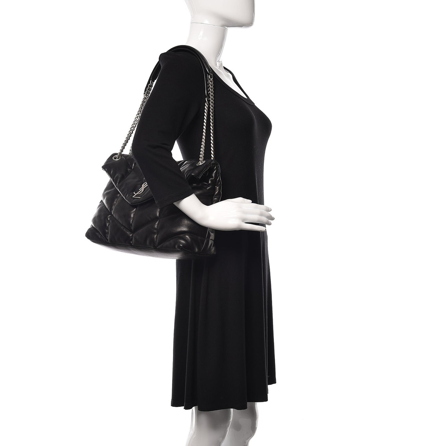 Lambskin Quilted Monogram Monochrome Medium Loulou Puffer Chain Satchel Black