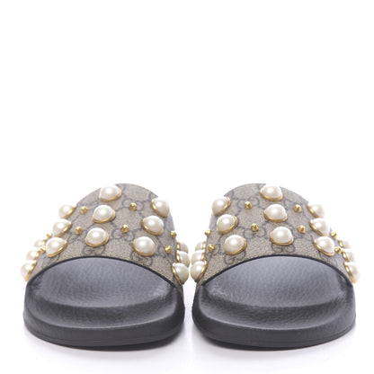 Gucci GG Supreme Monogram Pearls Slide Sandals 38 Beige 2 of 8