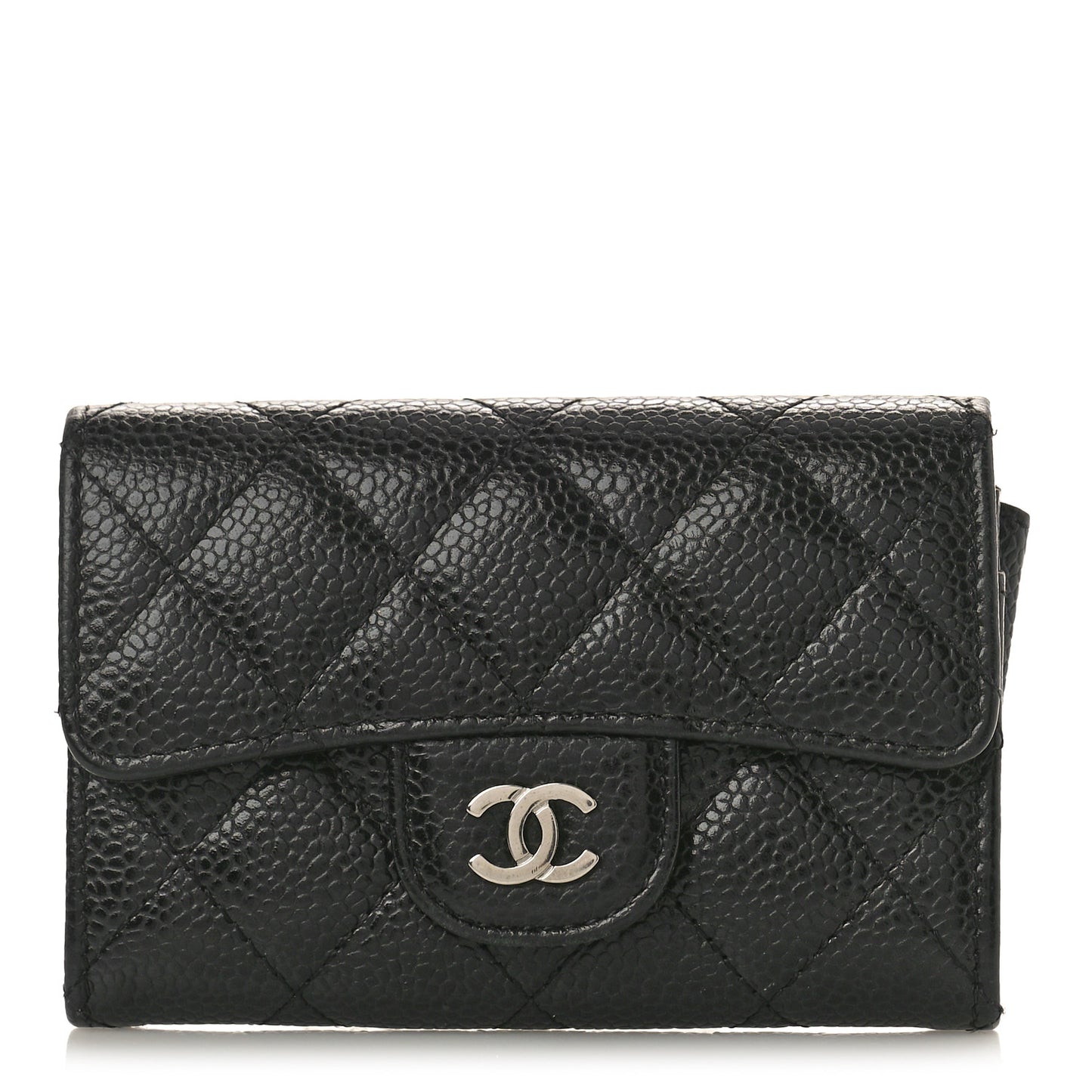 Caviar Quilted Flap Card Holder Wallet Black