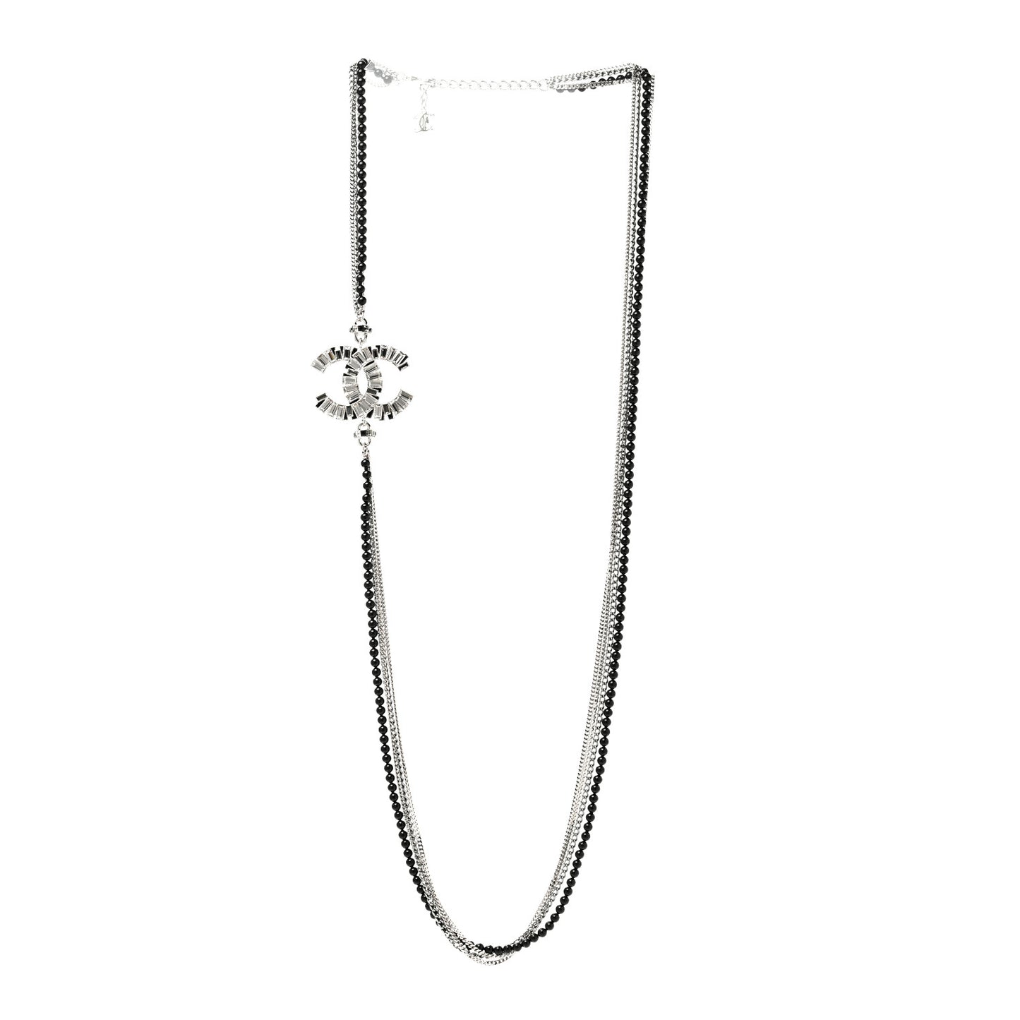 Metal Crystal Baguette Beaded CC Multi Strand Long Necklace Silver Black