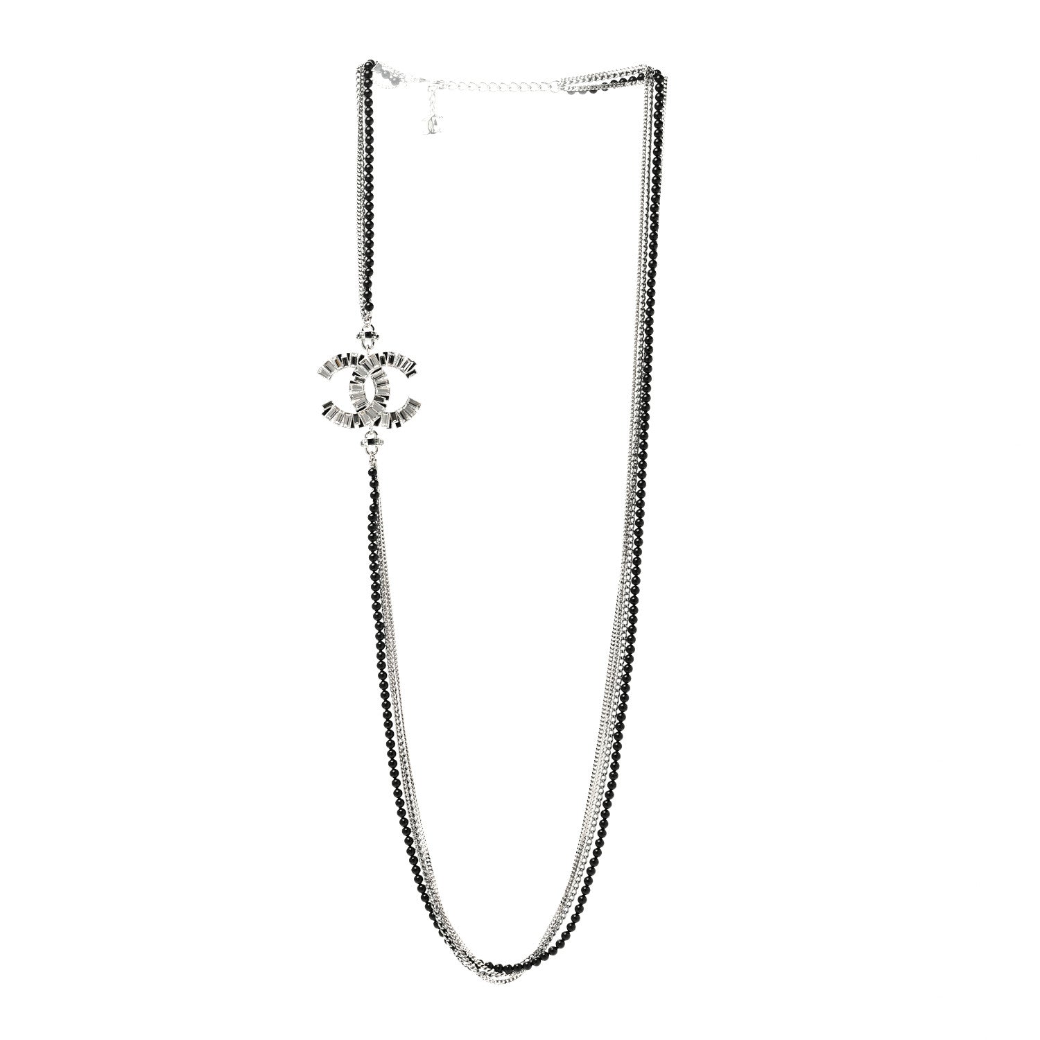Chanel Metal Crystal Baguette Beaded CC Multi Strand Long Necklace Silver Black 3 of 6