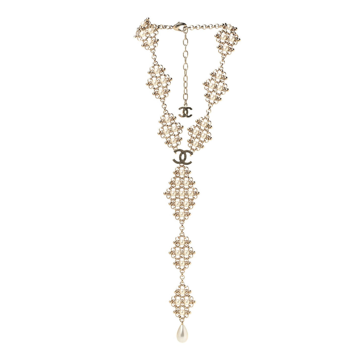 Pearl Crystal CC Charms Drop Necklace Light Gold