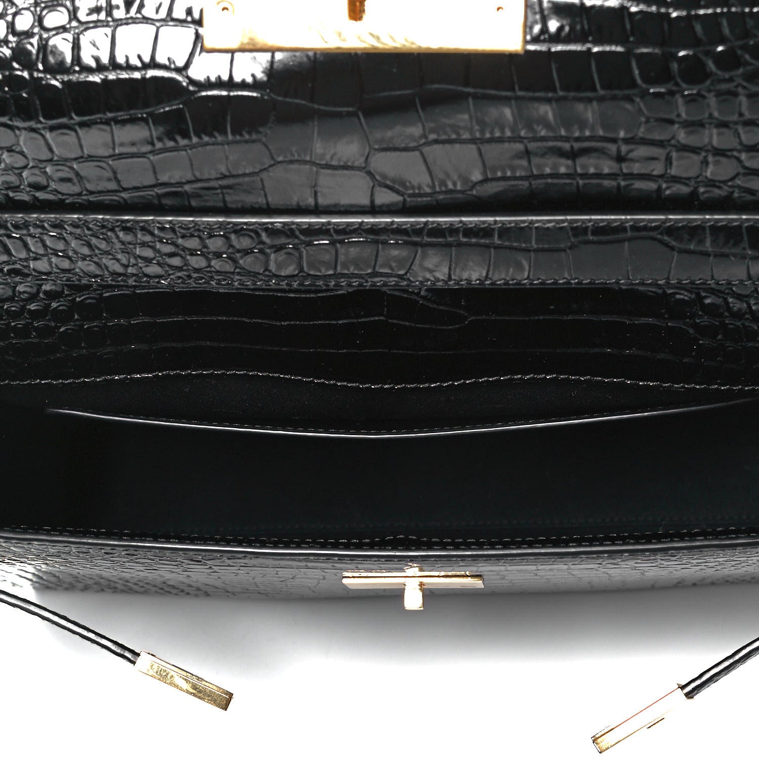 Saint Laurent Shiny Calfskin Crocodile Embossed Manhattan Baguette Black 5 of 10