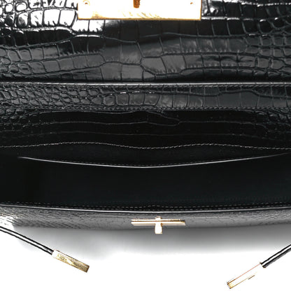 Saint Laurent Shiny Calfskin Crocodile Embossed Manhattan Baguette Black 5 of 10