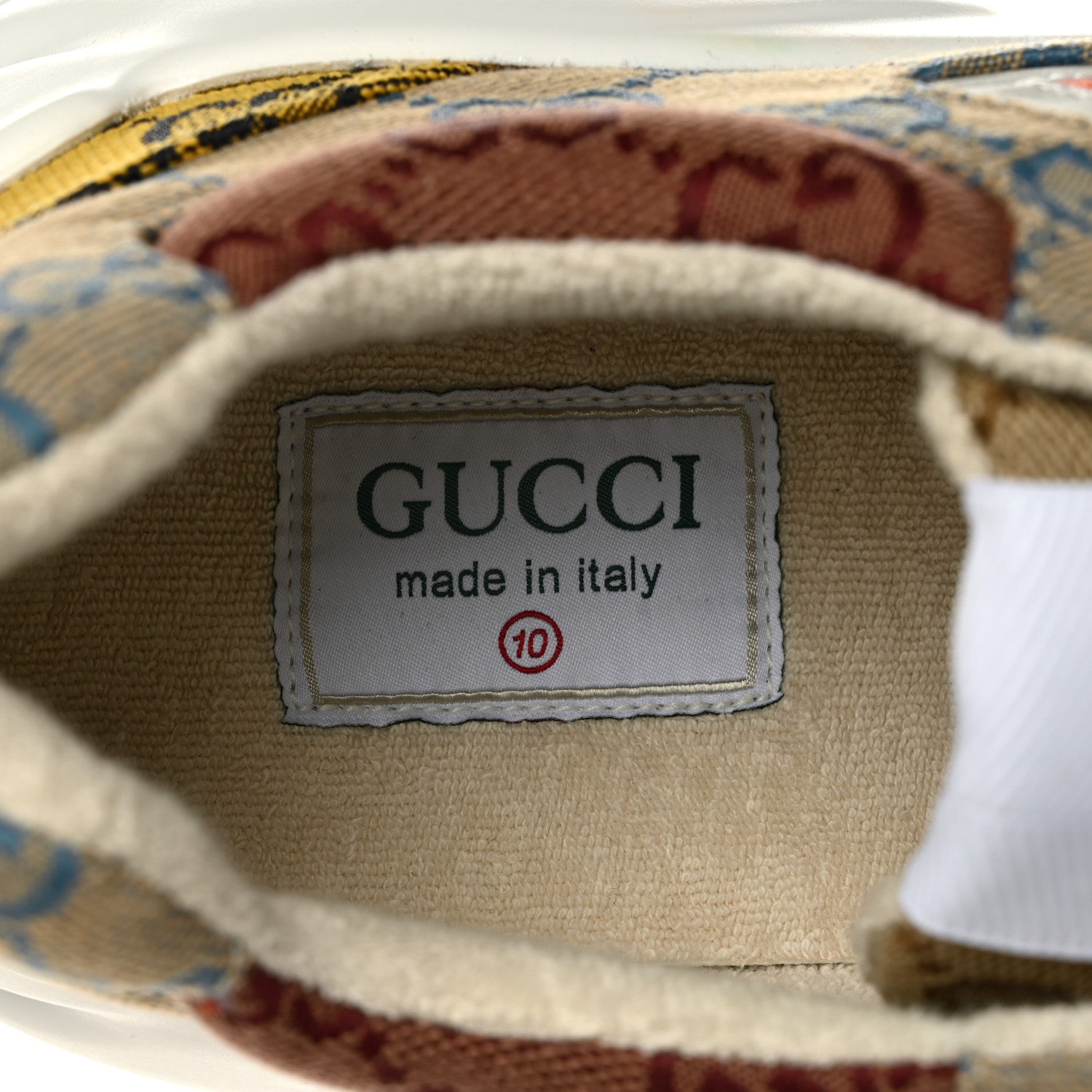 Gucci Monogram Multicolor Mens Rhyton Sneakers 10 Yellow Blue Great White Tabasco 9 of 10