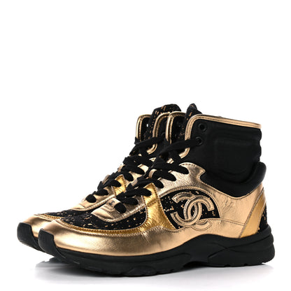 Chanel Satin Lambskin Fabric Tweed CC High Top Sneakers 37.5 Black Gold 3 of 10