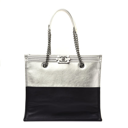Chanel Metallic Goatskin Calfskin Bi-Color Large Boy Tote Black Silver 1 of 16
