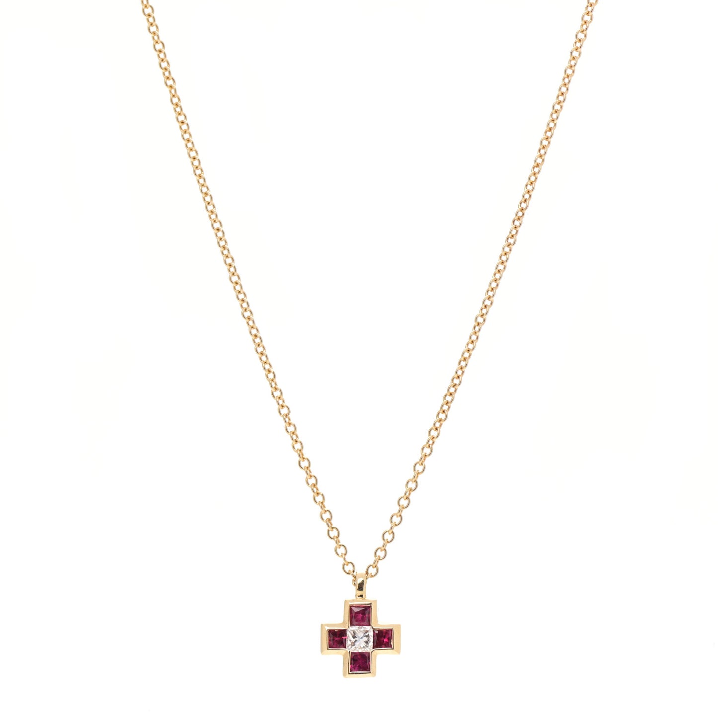 18K Yellow Gold Diamond Ruby Mini Cross Pendant Necklace