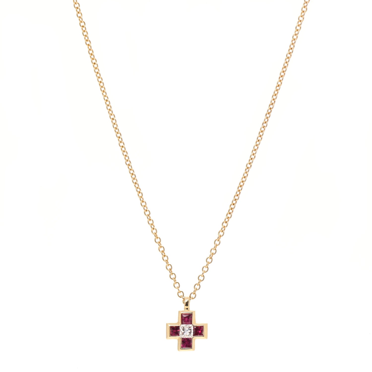 Tiffany 18K Yellow Gold Diamond Ruby Mini Cross Pendant Necklace 1 of 7