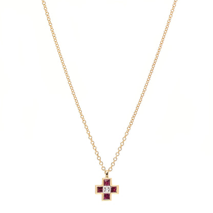 Tiffany 18K Yellow Gold Diamond Ruby Mini Cross Pendant Necklace 1 of 7