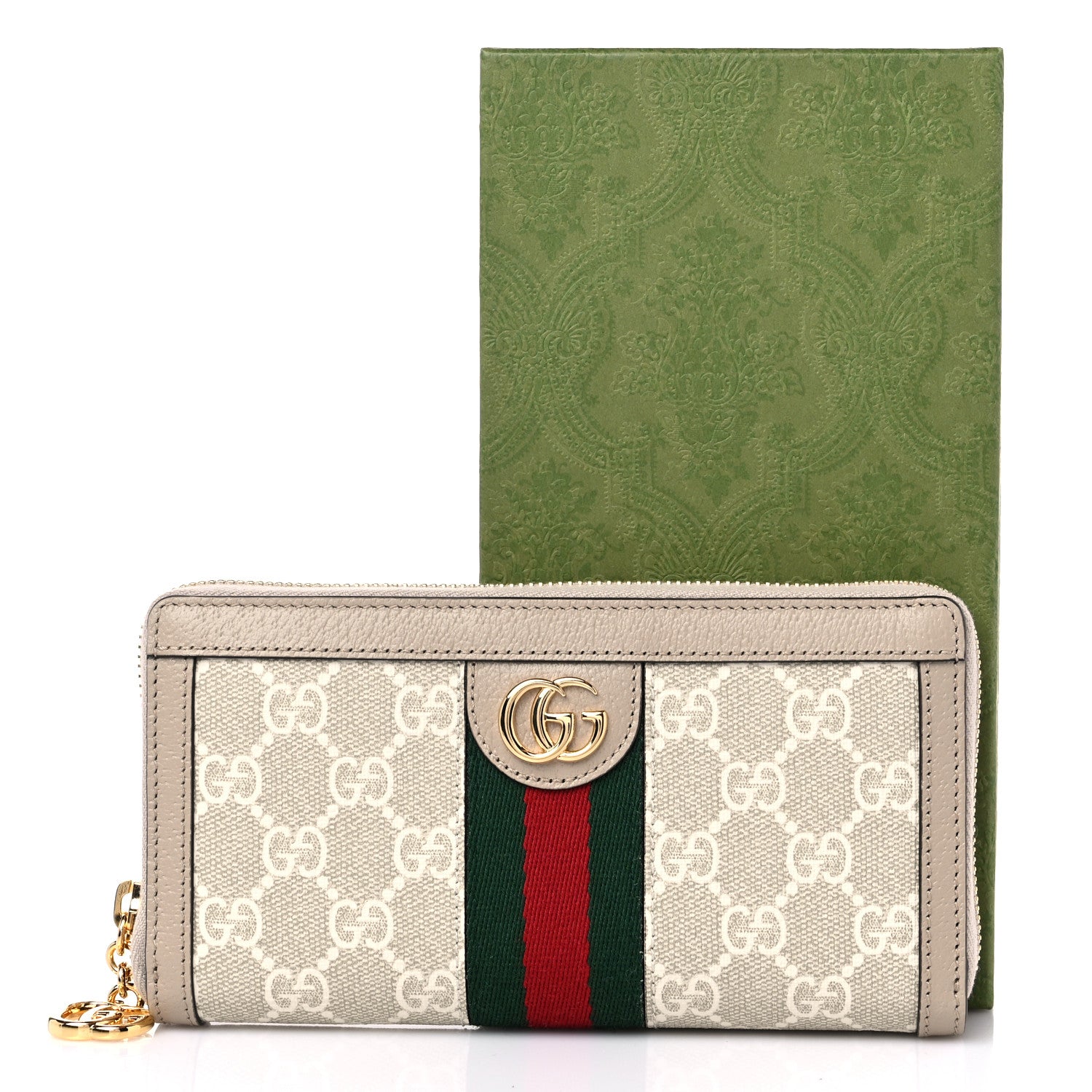 Gucci GG Supreme Monogram Textured Dollar Calfskin Web Ophidia Zip Around Wallet Beige Mystic White Oatmeal 10 of 10
