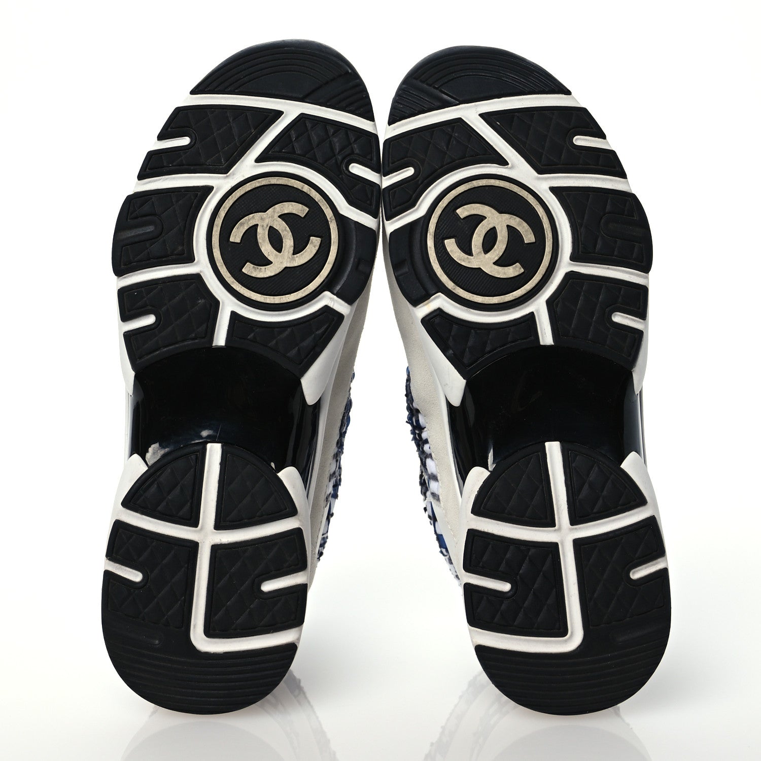 Chanel Tweed Suede Calfskin Womens CC Sneakers 38.5 Dark Blue Black Grey White 6 of 10