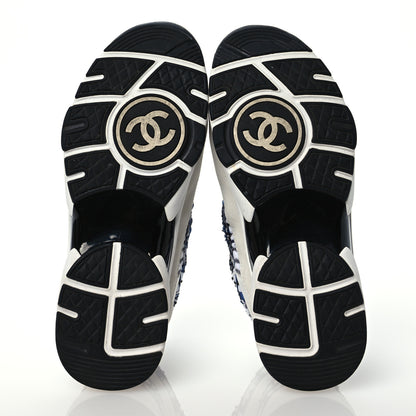 Chanel Tweed Suede Calfskin Womens CC Sneakers 38.5 Dark Blue Black Grey White 6 of 10