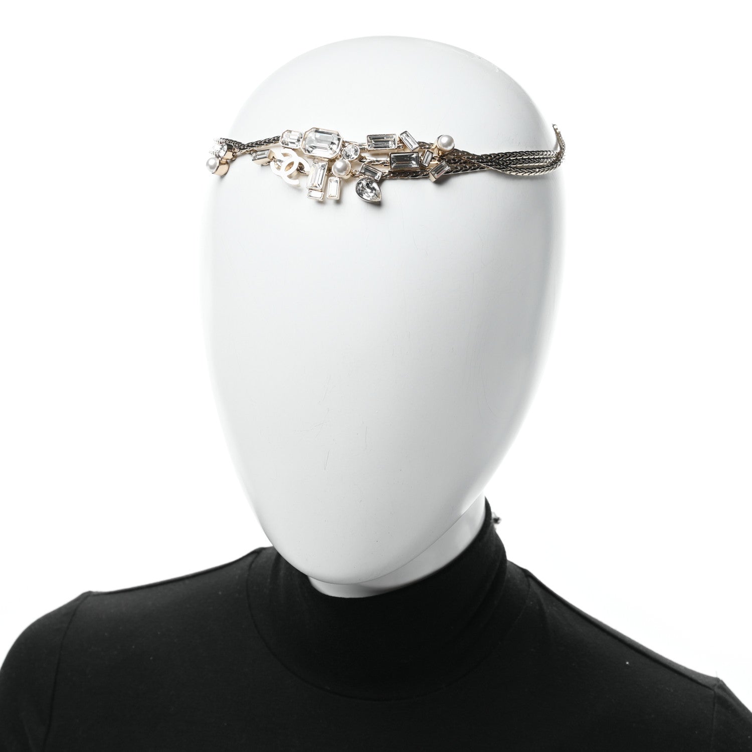 Chanel Metal Crystal Pearl Grosgrain CC Chain Tie Headband Gold 2 of 4