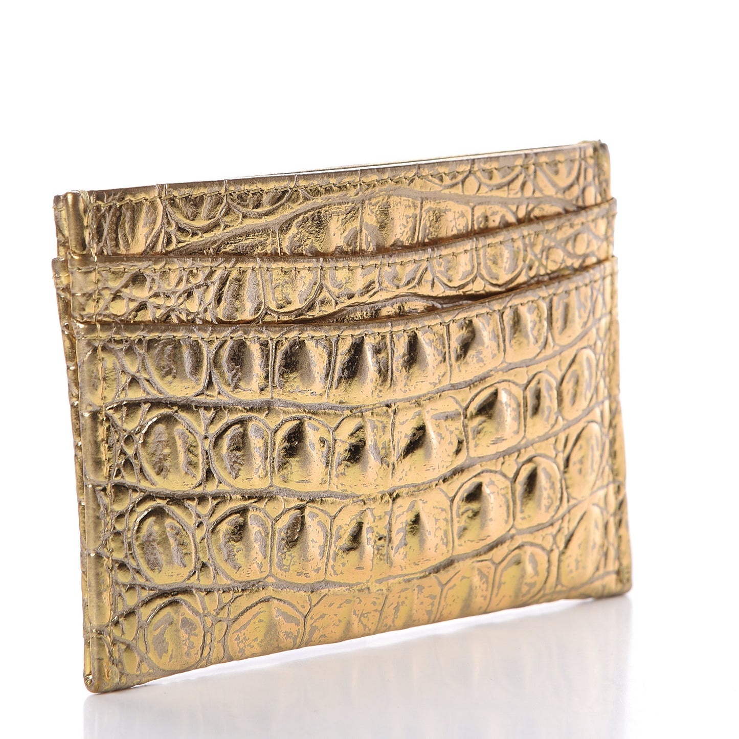 Metallic Calfskin Crocodile Embossed Cocodile Card Holder Gold